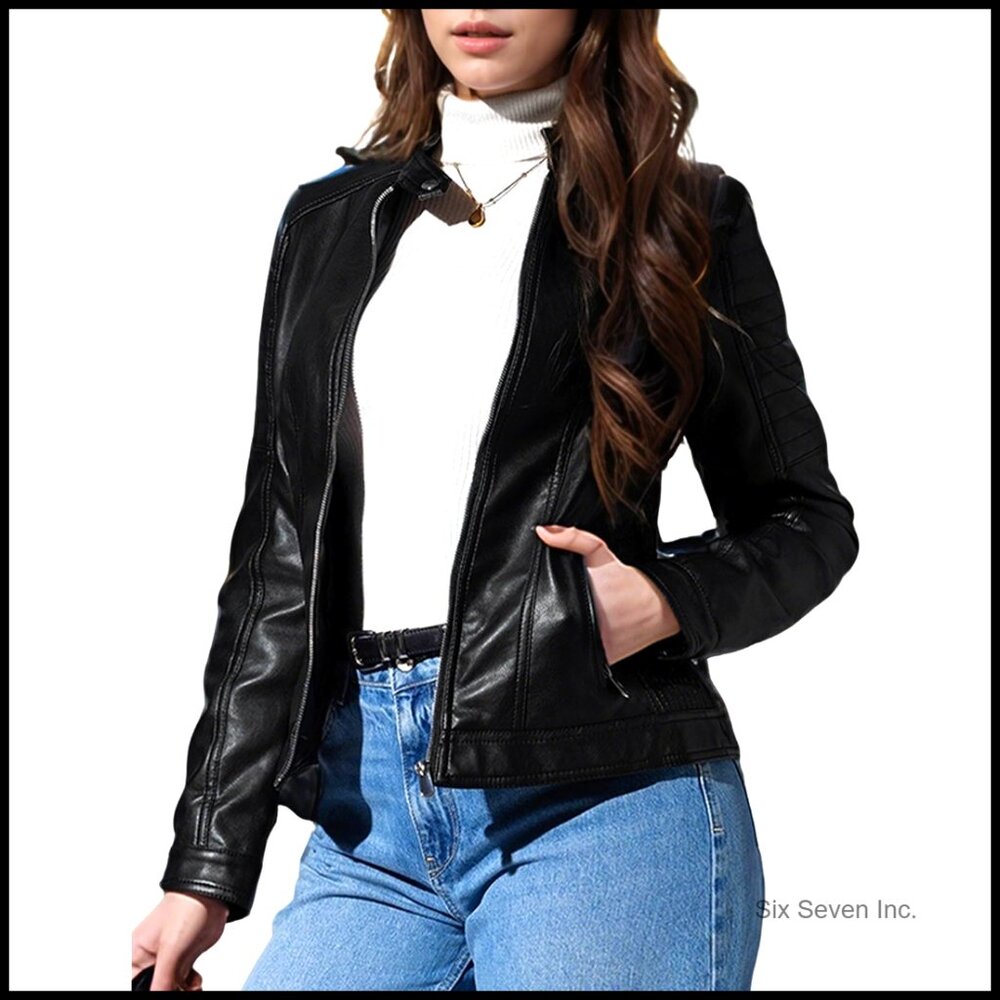 Faux Leather Moto Jacket Slim Fit Cropped Chic Edgy Versatile All-Season